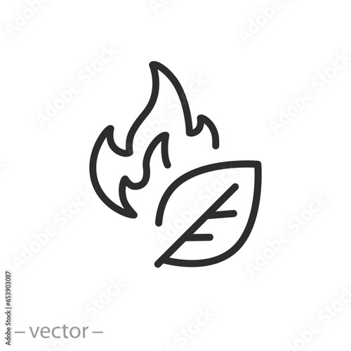 leaf with fire icon, ecological fuel, natural energy, thin line symbol - editable stroke vector illustration