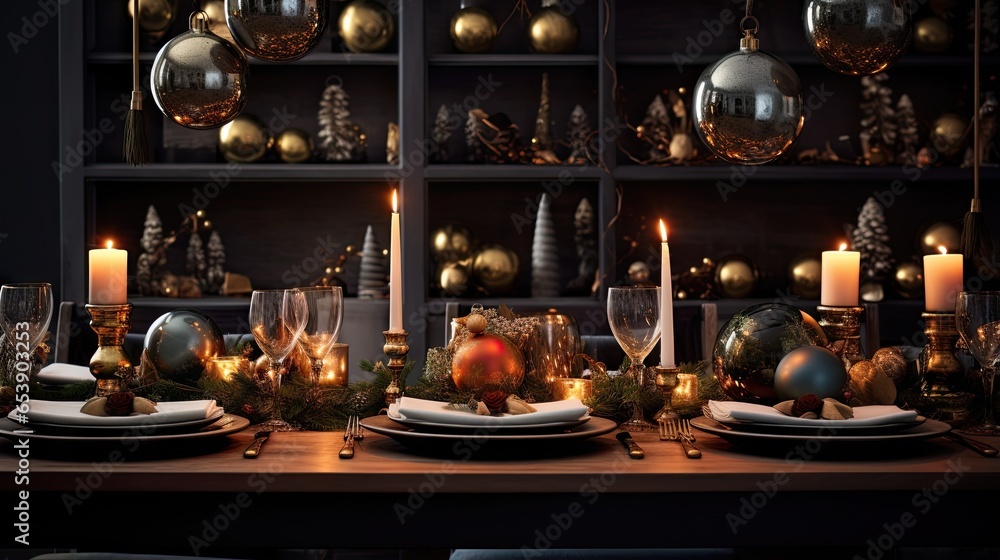  a table set for a holiday dinner with candles and ornaments.  generative ai