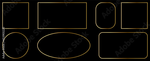 Gold shiny glowing frames set. Pack of luxury realistic square, round, oval borders. Vector illustration