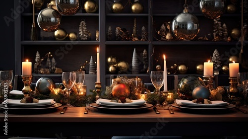  a table set for a holiday dinner with candles and ornaments. generative ai