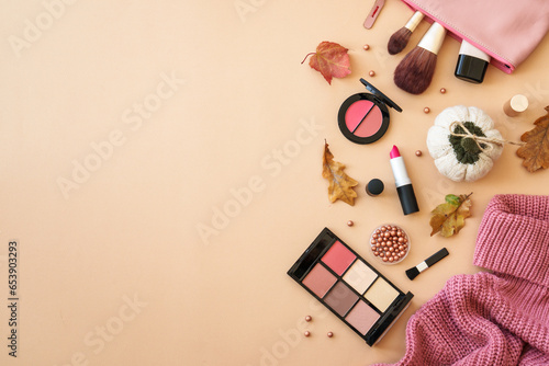 Obraz na plátně Cosmetic products with Cloth and accessories at autumn background
