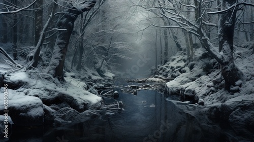  a snowy forest with a stream running through the middle of it.  generative ai © Olga