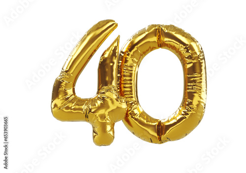 3D render of balloon number forty isolated on white background. Party decoration golden balloons. Anniversary