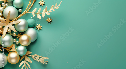 Pink and green 3D render Christmas background with balls and gift boxes and christmas tree. Christmas white background with christmas balls and decoration - 3d rendering. Generative ai