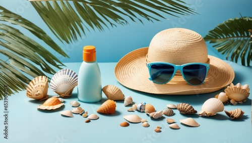 Beach style. Hat, sunglasses, shells, sunscreen.