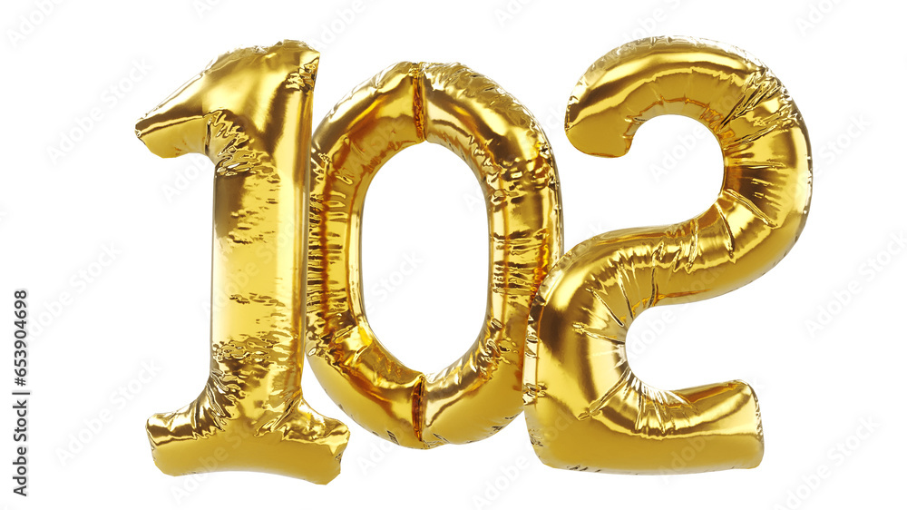 3D render of balloon number one hundred two isolated on white background. Party decoration golden balloons. Anniversary