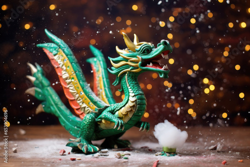 Green dragon toy figurine on a table with blurry fireworks lights in the background.