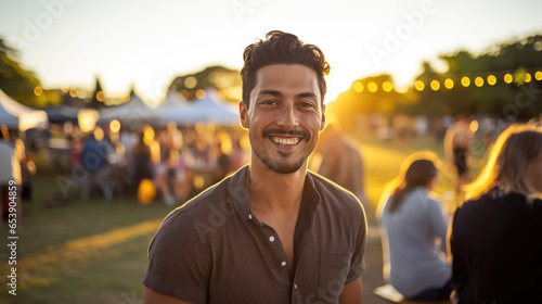 Portrait of young smiling man during picnic party with his friends photo