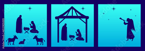 Holiday set posters silhouettes christmas christian Nativity.. Scenes with the holy family  animals  angel. Vector illustration