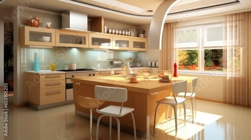 Modern interior design of a bright large kitchen.