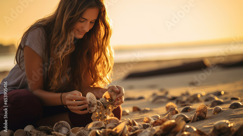 Woman collects seashells on the beach