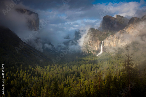 Sunlight illuminates Bridalveil Fall in Yosemite National Park, California, USA; California, United States of America photo