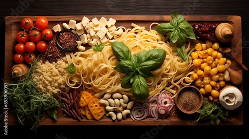  a wooden cutting board topped with lots of pasta and veggies.  generative ai