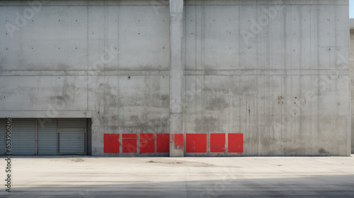 A bright red and white sign stands in the middle of a grey concrete building, with a glass window that is slightly tinted  photo