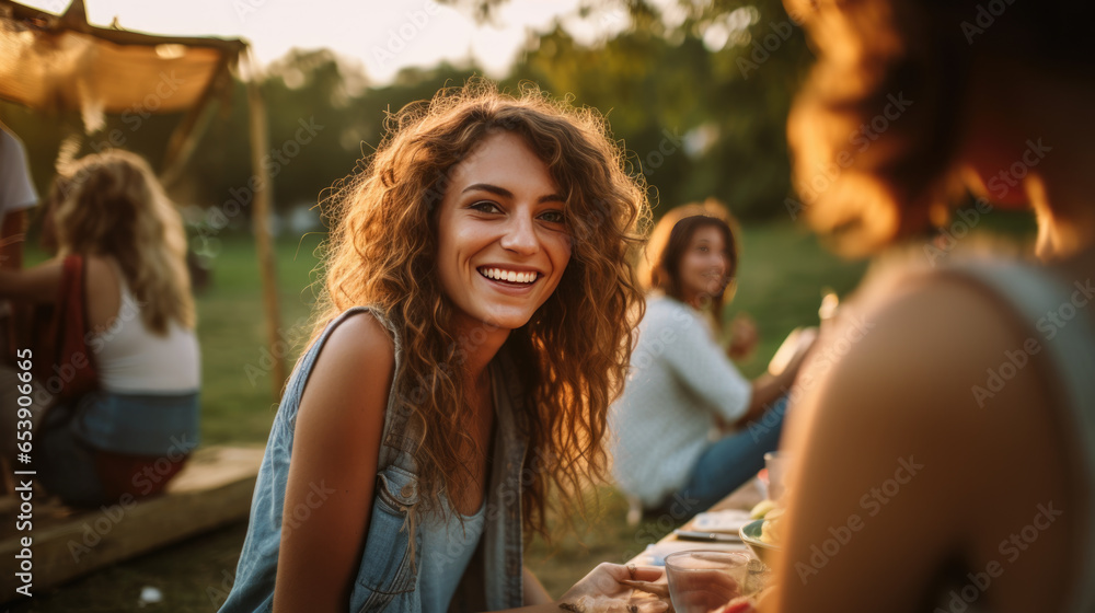 Portrait of young smiling woman during picnic party with her friends Portrait of young smiling woman during picnic party with her friends