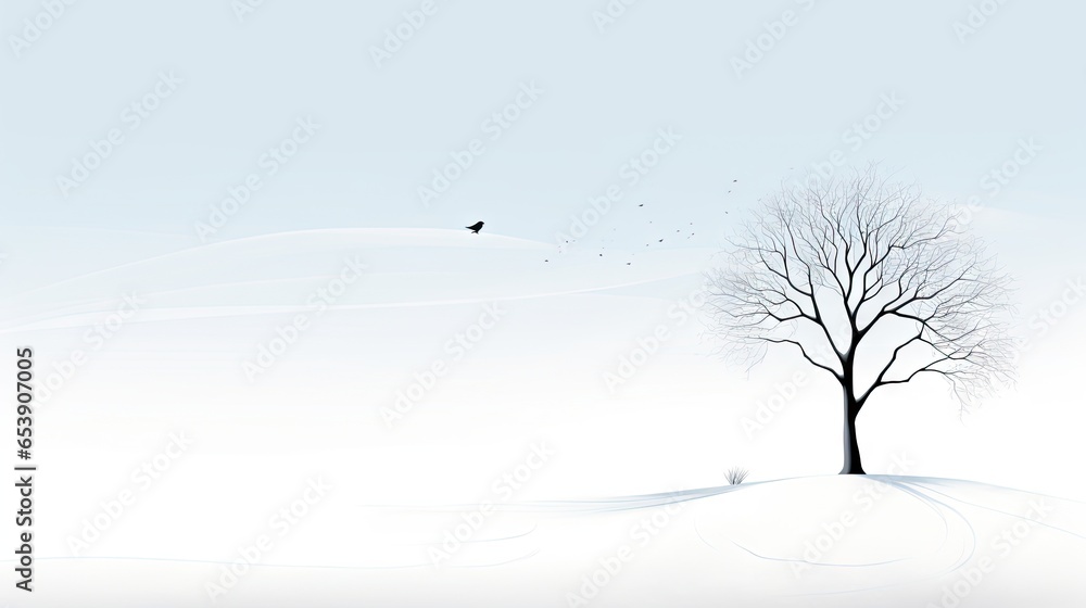 Fototapeta premium a lone tree in a snowy landscape with a bird flying overhead. generative ai