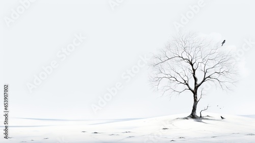  a lone tree in a snowy field with a bird perched on it. generative ai