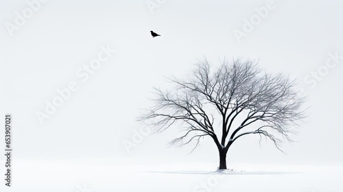  a lone tree in a snowy field with a bird flying overhead.  generative ai