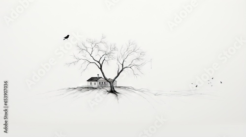  a tree with a house on it and a bird flying over it. generative ai