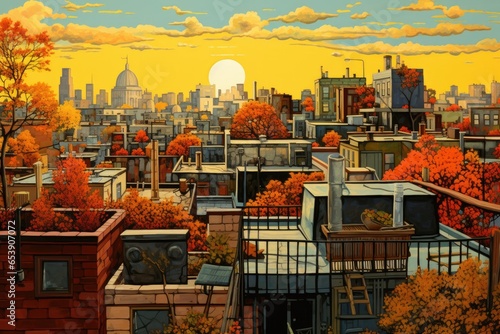 The changing hues of city rooftops, from the lush greens of summer to the warm oranges and reds of autumn - Generative AI