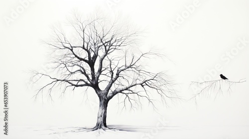  a black and white photo of a tree and a bird.  generative ai