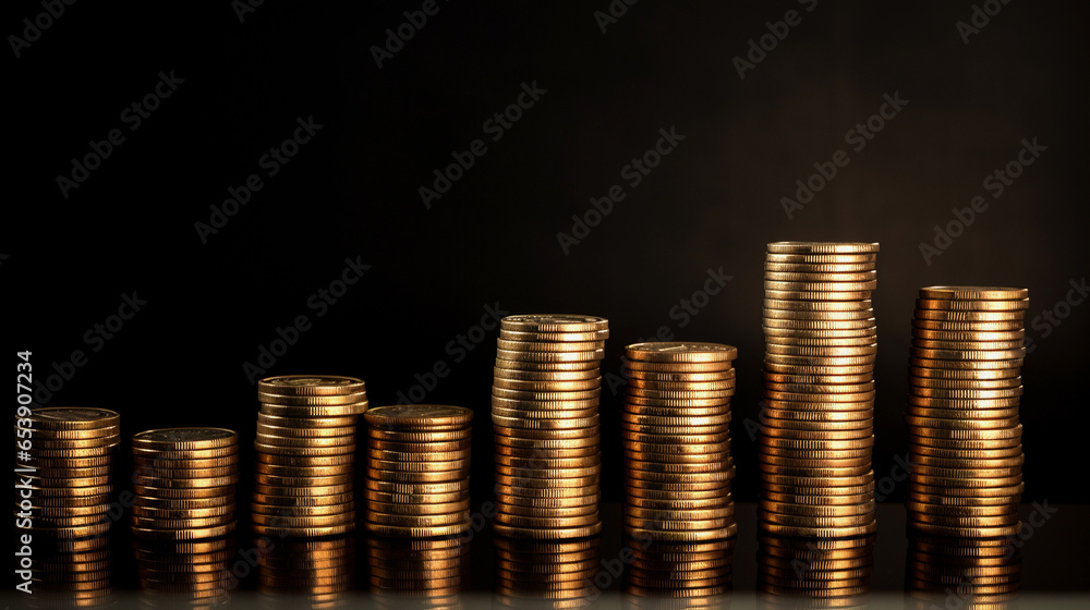 The coins are stacked in columns growing exponentially from left to right. The coins are stacked in columns growing exponentially from left to right.