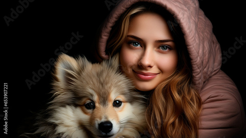 woman with cute husky puppy