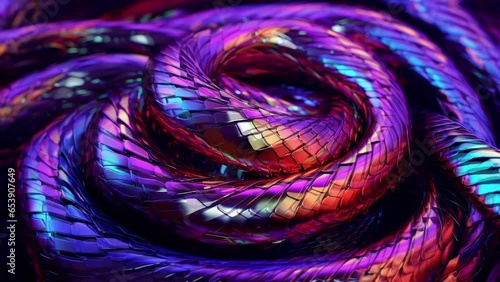 Rainbow Titanium Snake Coils Moving. Mesmerizing Shiny Metallic Dragon Scales Slithering. Looping. Abstract Dynamic Texture. Animated Background / Live Wallpaper. Scaled Colorful. Seamless Loop. photo