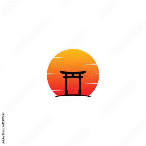 Torii traditional Japanese gate and sunset vector graphics