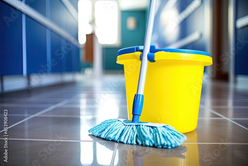 A mop and bucket for household chores, ensuring a clean and hygienic home environment.