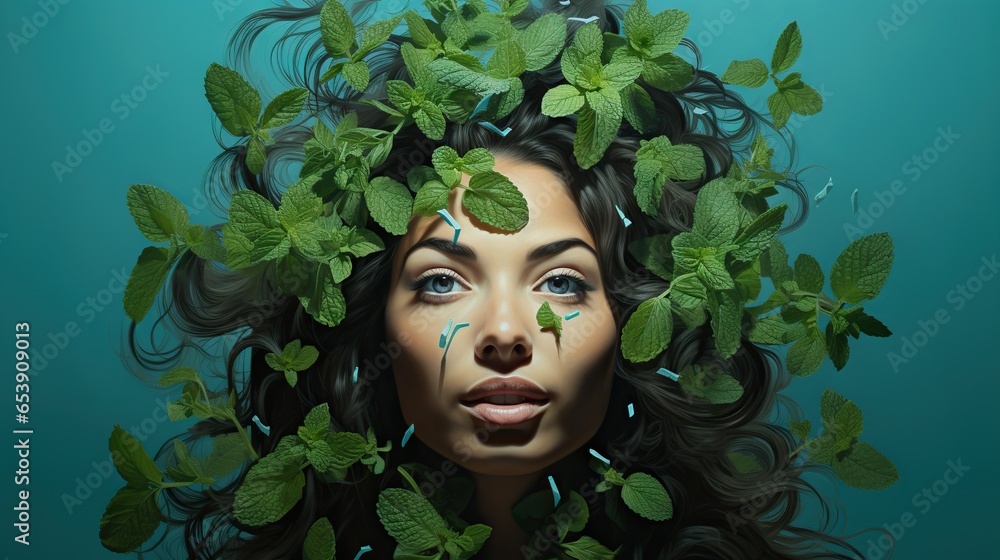 a painting of a woman with leaves on her head and leaves around her face. generative ai a painting of a woman with leaves on her head and leaves around her face. generative ai
