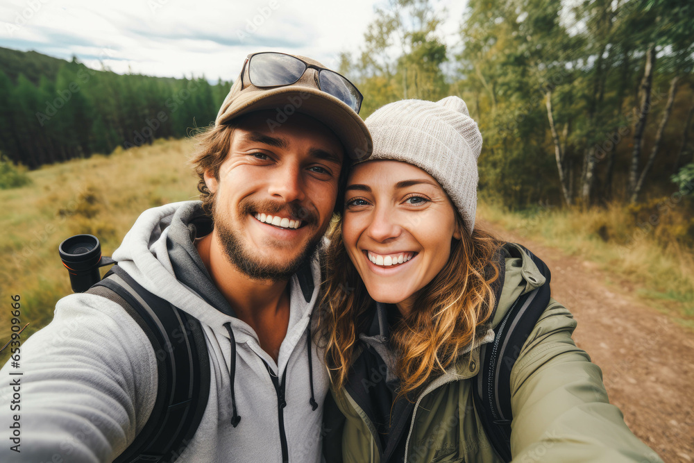 couple in the woods on a hide, portrait, selfie