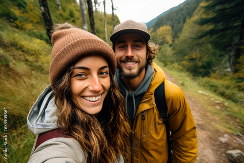 couple in the woods on a hide, portrait, selfie