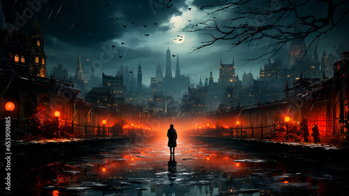 halloween background with a spooky scary city