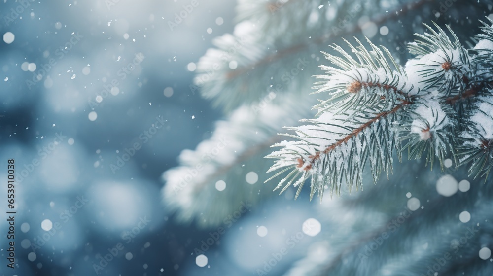  a pine tree branch with snow falling on the branches and a blurry background.  generative ai