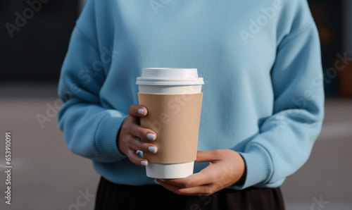 A woman holding a paper cup of hot coffee