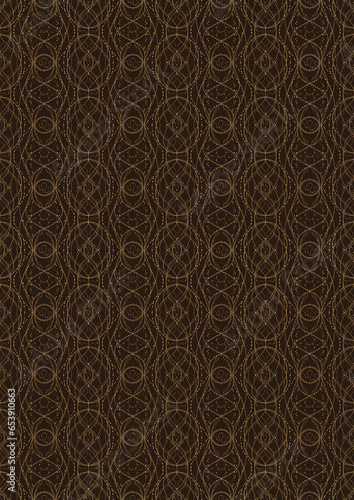 Hand-drawn unique abstract symmetrical seamless gold ornament on a dark brown background. Paper texture. Digital artwork, A4. (pattern: p10-2f)