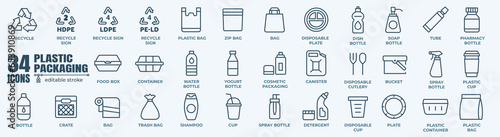 Plastic packaging, Disposable tableware, water bottle, zip package minimal thin line web icon set. Outline editable icons collection. Simple vector illustration.