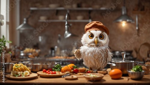 Cute cartoon owl cooking in the kitchen