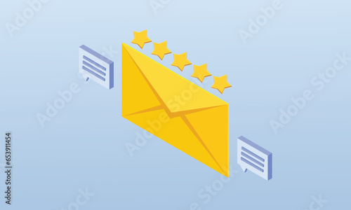 Positive five star feedback to show customer satisfaction. Customer review concept.on blue background.3D design.isometric vector design Illustration.