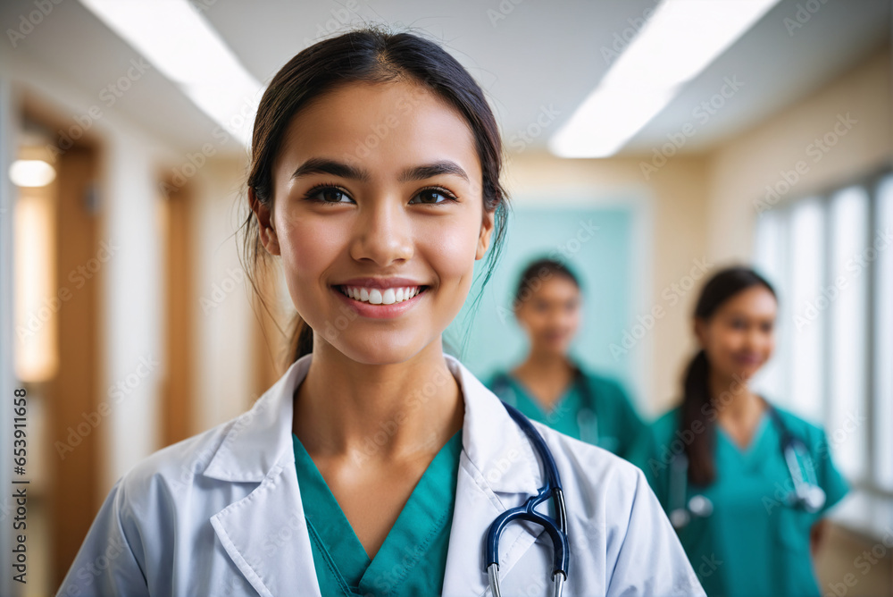portrait shot of young age pacific islander female doctor in doctors outfit looking at camera while standing in the hospital, sly smile, blurred background, team of nurses in background - obrazy, fototapety, plakaty 