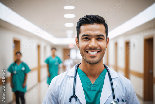 portrait shot of young age pacific islander male doctor in doctors outfit looking at camera while standing in the hospital, sly smile, blurred background