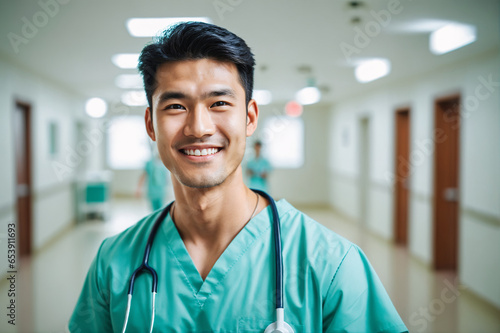 portrait shot of young age asian male doctor in doctors outfit looking at camera while standing in the hospital, sly smile, blurred background, team of nurses in background photo