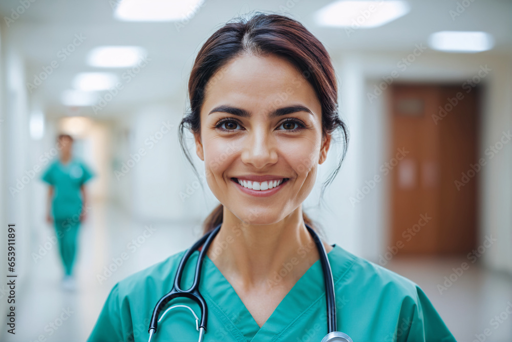 portrait shot of middle age hispanic female doctor in doctors outfit looking at camera while standing in the hospital, sly smile, blurred background portrait shot of middle age hispanic female doctor in doctors outfit looking at camera while standing in the hospital, sly smile, blurred background