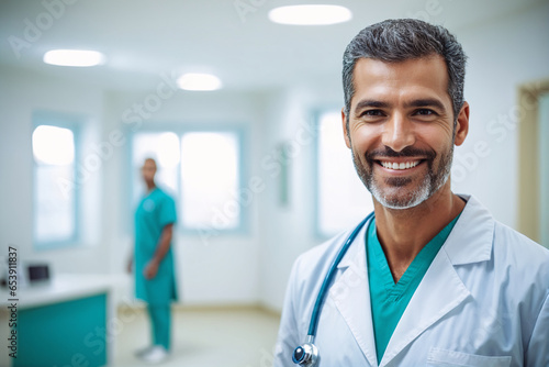 portrait shot of middle age south american male doctor in doctors outfit looking at camera while standing in the hospital, sly smile, blurred background, nurse in background