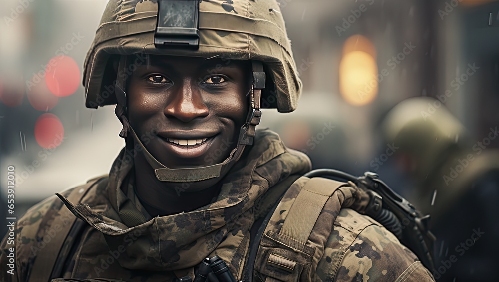 Czarny żołnierz w pełnym umundurowaniu uśmiecha się na ulicy w mieście.  - obrazy, fototapety, plakaty 