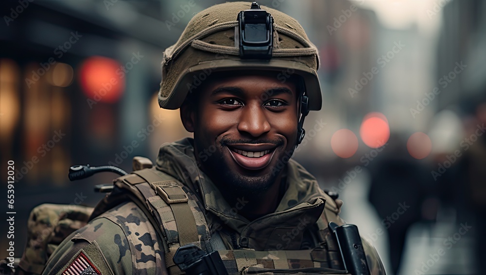 Czarny żołnierz w pełnym umundurowaniu uśmiecha się na ulicy w mieście.  - obrazy, fototapety, plakaty 