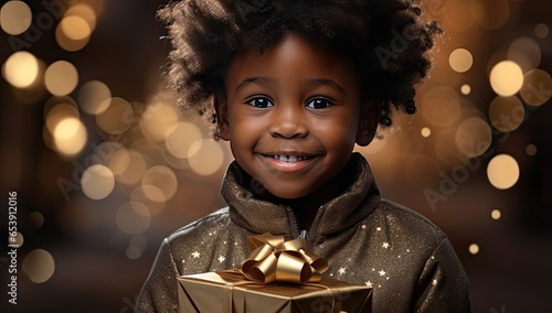 Szczęśliwy czarnoskóry chłopiec trzyma świąteczny prezent. 