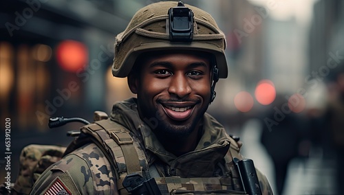 Czarny żołnierz w pełnym umundurowaniu uśmiecha się na ulicy w mieście. 