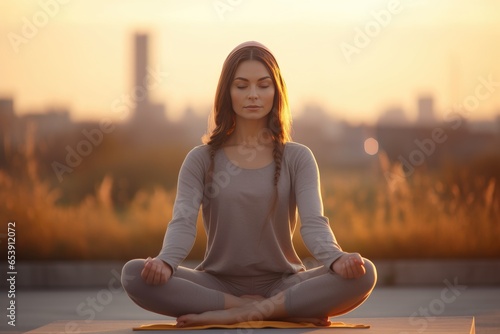Concentrated young woman practicing yoga at sunrise. Generative AI